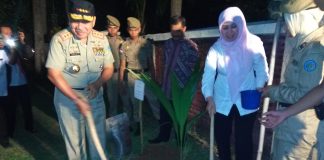 GUBERNUR IPDN Jatinangor, Prof Ermaya Suradinata bersama Bupati Pandeglang, Irna Narulita melakukan penanaman pohon kelapa di kawasan Tanjunglesung, Rabu (19/07/2019) petang.(Foto : Agus Jamaludin)